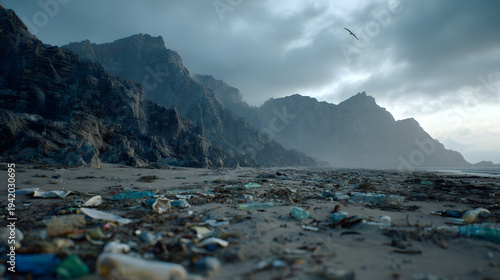 A stark view of a beach that is littered and filled with plastic waste is accompanied by rocky mountains, drawing attention to environmental pollution and its effect on natural landscapes.