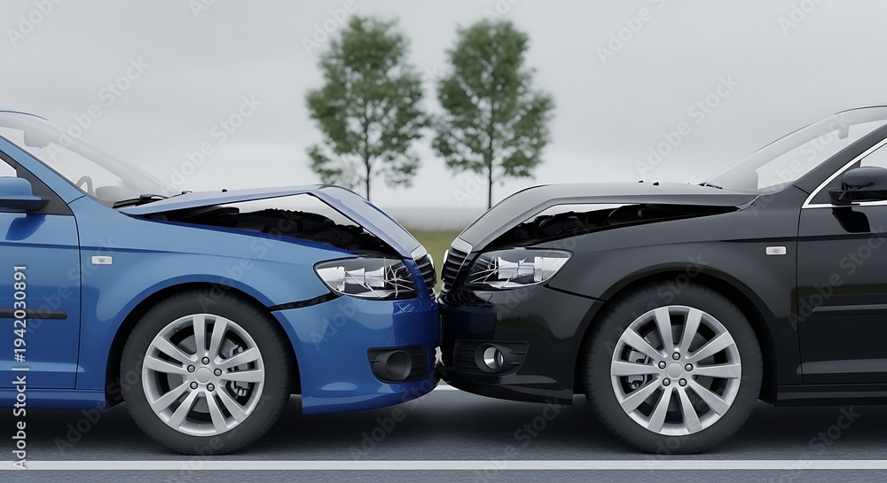 Naklejka premium Blue and black cars crash into each other on road