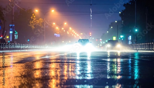 Wallpaper Mural A brightly lit, wet city street at night showcases the headlights of an approaching vehicle cutting through the misty atmosphere, reflecting vibrant colors on the asphalt. Torontodigital.ca