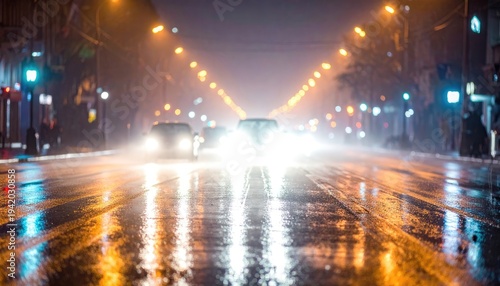 Wallpaper Mural A blurred, long-exposure shot captures the vibrant glow of headlights and streetlights reflecting on a wet city street at night, creating a sense of motion and urban atmosphere. Torontodigital.ca