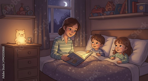 Cozy Bedtime Story: A mother and children share a tender moment, gathered in the bedroom to enjoy a bedtime story, illuminated by a gentle night light and the soft glow of the moon.
