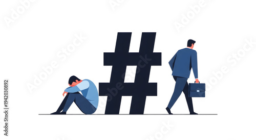 Businessman walking past stressed colleague hashtag.