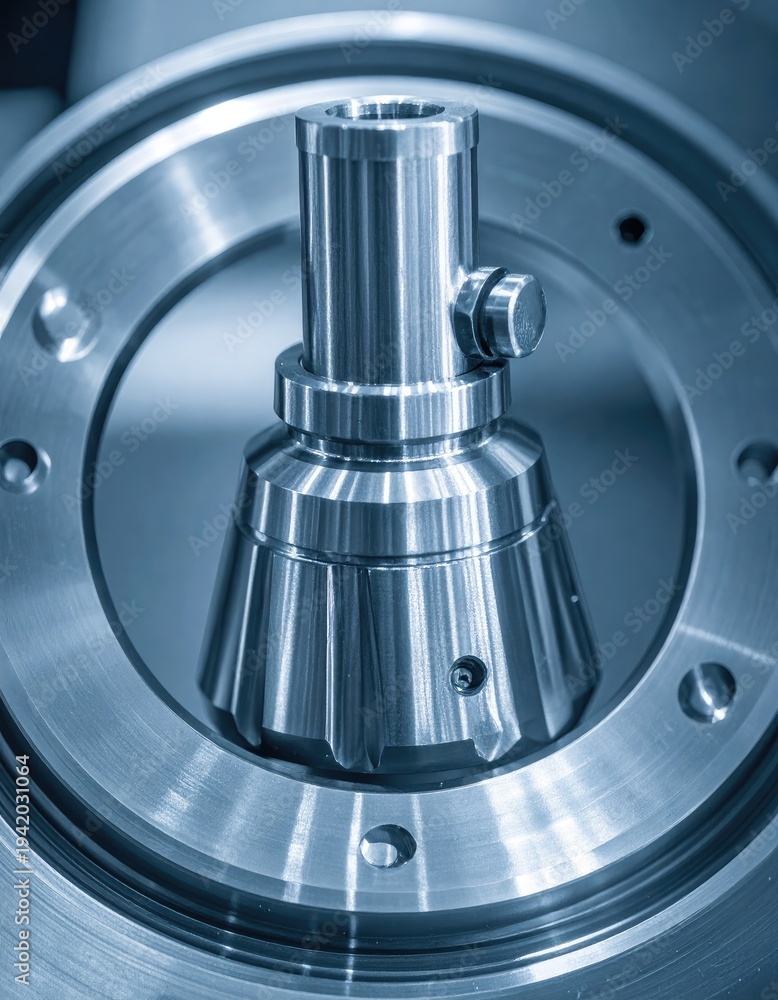 custom made wallpaper toronto digitalA detailed close-up showcases a precision-engineered metal component, likely part of a complex industrial machine, exhibiting intricate details and a polished, reflective surface.