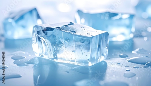 Wallpaper Mural A close-up shot showcases several glistening ice cubes scattered on a reflective surface, evoking a sense of coolness and refreshment with their crystalline structure and surrounding water droplets. Torontodigital.ca