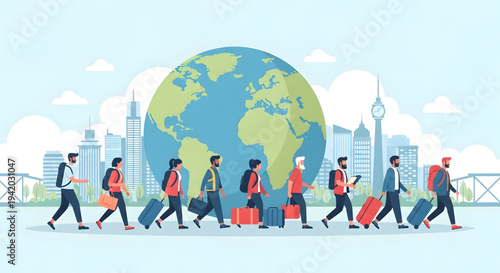 People walking with luggage around globe.