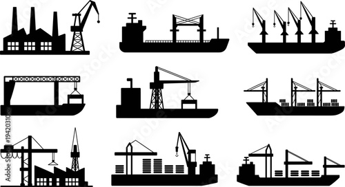 Set of maritime logistics and cargo shipping icons featuring industrial vessels, cranes, port infrastructure, container ships, and freight transportation elements in a flat vector style.