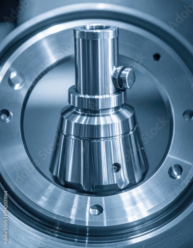 Wallpaper Mural A detailed close-up showcases a precision-engineered metal component, likely part of a complex industrial machine, exhibiting intricate details and a polished, reflective surface. Torontodigital.ca