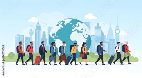 People walking with luggage globe city.