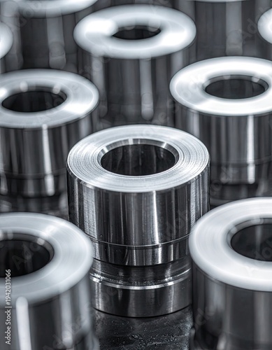 Wallpaper Mural A detailed monochrome image showcases a collection of cylindrical metal components, likely industrial parts, arranged in a visually striking pattern with a focus on precision and engineering. Torontodigital.ca