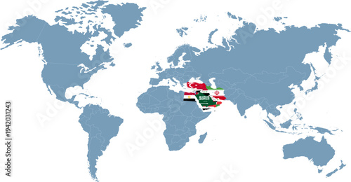 Middle East detailed territories. Map of the Middle East with a country flags. Vector