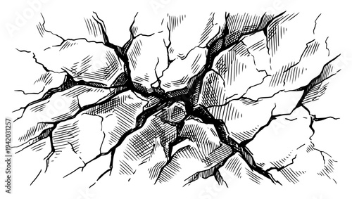 Large central crack in a solid surface with detailed stone and rock textures
