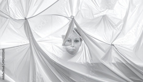 Wallpaper Mural A black and white portrait captures a young woman's face partially obscured by a complex, draped structure of white fabric, creating a sense of mystery and enclosure. Torontodigital.ca