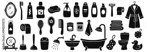 Bathroom toiletries silhouette icon set featuring toothbrush, toothpaste, soap, shampoo, razor, bathtub, sink, toilet, towel, bathrobe, and grooming accessories