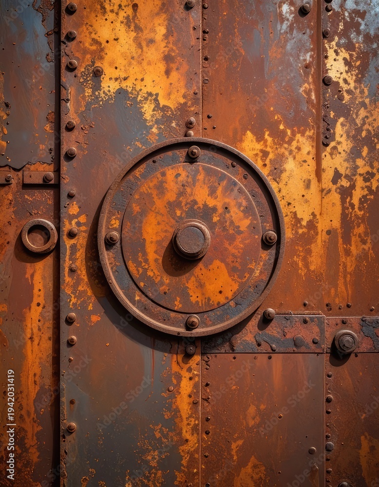 custom made wallpaper toronto digitalA close-up view showcases a heavily rusted metal door with a central circular mechanism and numerous rivets, highlighting textures and the effects of time and corrosion.