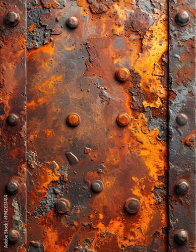 Wallpaper Mural A close-up view showcases a heavily rusted metal surface with numerous rivets, exhibiting a textured and aged appearance, suggesting industrial decay or historical significance. Torontodigital.ca