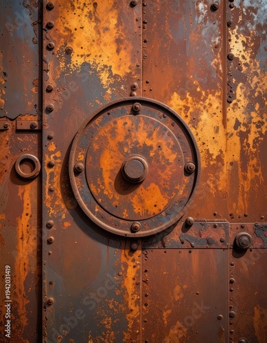 Wallpaper Mural A close-up view showcases a heavily rusted metal door with a central circular mechanism and numerous rivets, highlighting textures and the effects of time and corrosion. Torontodigital.ca