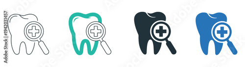 Dental care icon set multiple style collection, vector illustrations including tooth, toothbrush, floss, and dental chair in flat, outline, glyph
