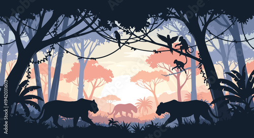 Stylized black panther Panthera silhouette prowling through a dense tropical rainforest at dawn or dusk with deep blue