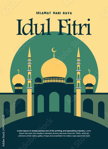 Islamic holiday poster featuring a mosque illustration and the words Selamat Hari Raya Idul Fitri