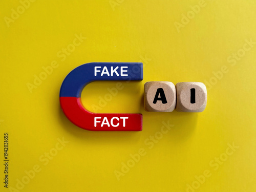 Artificial intelligence concept with FAKE and FACT written on a magnet attracting AI letters symbolizing technology influence and digital innovation.