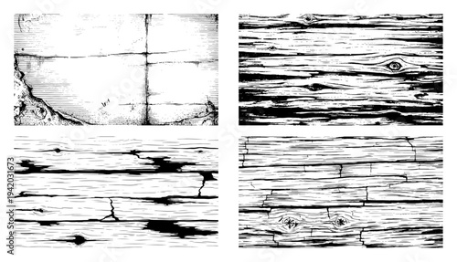 Collection of detailed wood grain textures and weathered surface patterns in sketch style
