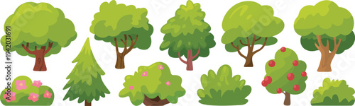 Diverse cartoon green trees, firs, and bushes, including a flowering shrub and a vibrant apple tree