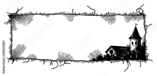 Vintage hand drawn frame with an old house and tower silhouette in the corner