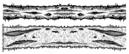 Detailed line art textures with cross hatching and symmetrical geological patterns
