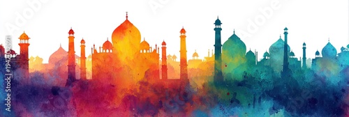 Colorful Watercolor Indian City Skyline with Mosque Architecture
