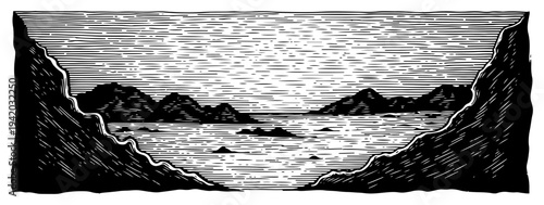 Vintage hand drawn woodcut illustration of a scenic sea landscape viewed through a cave entrance
