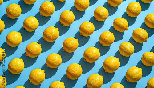 Wallpaper Mural A vibrant, repeating pattern of bright yellow lemons is displayed against a light blue background, creating a visually striking composition. Torontodigital.ca
