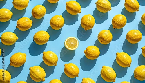 Wallpaper Mural A vibrant, overhead shot showcases a repeating pattern of whole lemons and a single lemon half arranged on a bright blue surface, creating a visually striking and refreshing composition. Torontodigital.ca