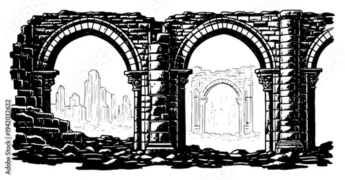Classical architectural ruins with stone arches and pillars in detailed line art style