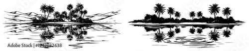Symmetrical illustration of a tropical island with palm trees reflected in calm water