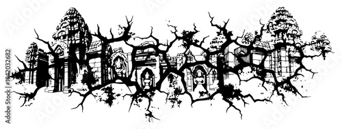 Ancient asian temple architecture seen through a dramatic cracked and shattered surface