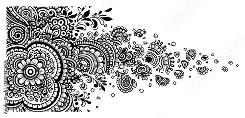 Intricate hand drawn floral mandala pattern dissolving into scattered fragments