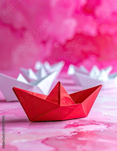 Wallpaper Mural A vibrant red paper boat takes center stage against a blurred pink background, surrounded by a fleet of white origami vessels, evoking a sense of childhood creativity and playful exploration. Torontodigital.ca