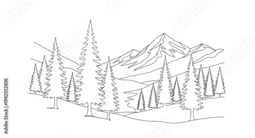 Minimalist Line Drawing of Mountain Landscape with Trees.