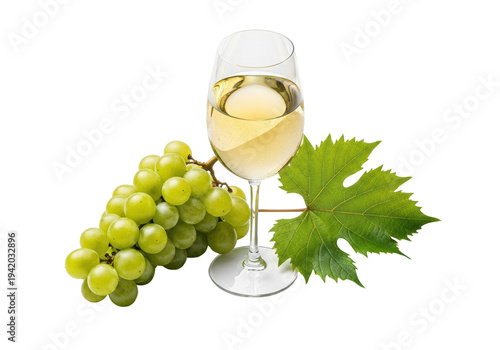 Top-down view of a chilled white wine glass with fresh green grapes and a vine leaf arranged on a transparent background. Concept for premium wine advertising