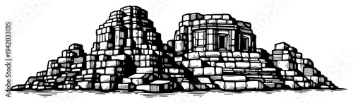 Ancient stone temple ruins with tiered levels and weathered blocks