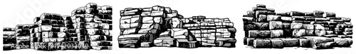 Set of weathered stone wall ruins with cracked brick texture