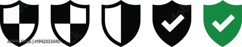 Five different shield icons in black, white, and green representing protection and security concepts