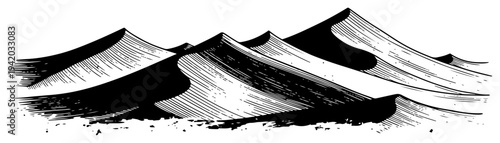 Panoramic desert landscape with rolling sand dunes and woodcut shading