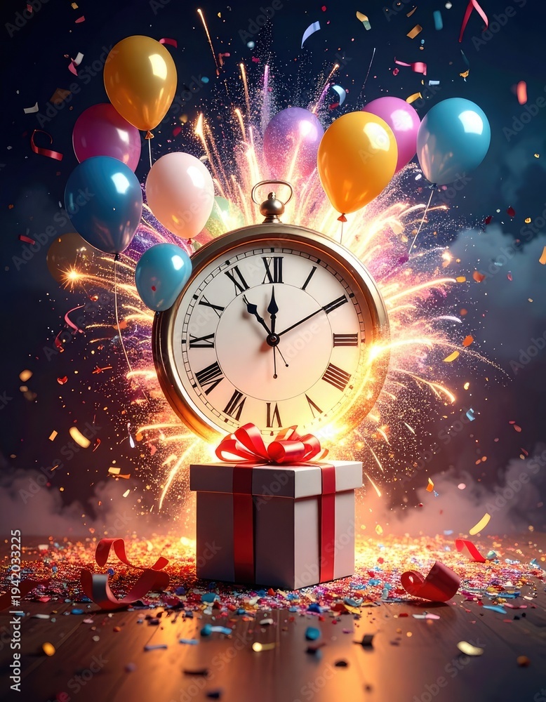 custom made wallpaper toronto digitalA vibrant and celebratory image depicts a golden clock atop a gift box amidst a shower of fireworks, balloons, and confetti, symbolizing a joyous New Year's Eve or special occasion.