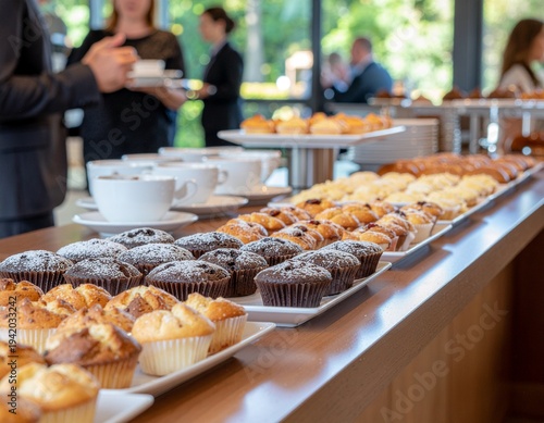Pastry and muffin buffet displayed at a corporate event where attendees socialize and enjoy coffee together.