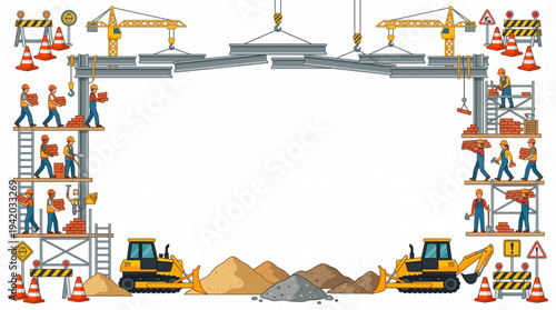 Industrial Construction Site Decorative Border Frame with Cranes and Machines