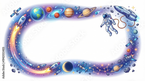 Outer Space Adventure and Cosmic Exploration Decorative Border Frame Vector