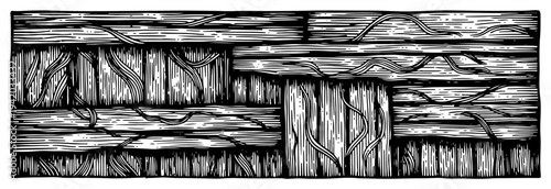 Vintage illustration of wooden planks overgrown with climbing roots or vines