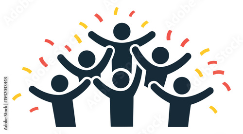 Diverse group of people celebrating with confetti and raised arms, cheerful vector artwork showing multicultural characters in festive mood