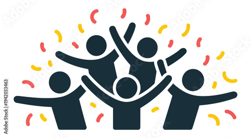 Diverse group of people celebrating with confetti and raised arms, vector illustration in flat style, scalable graphic for event promotion, party invitations